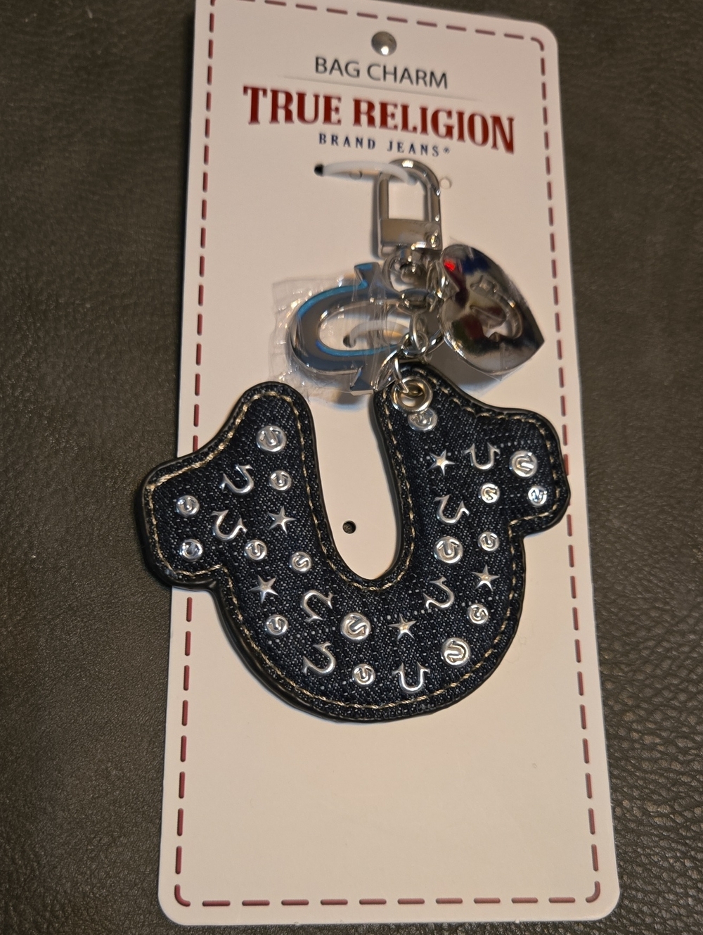 True Religion Black Studded Horseshoe Key Charm with Silver Accents